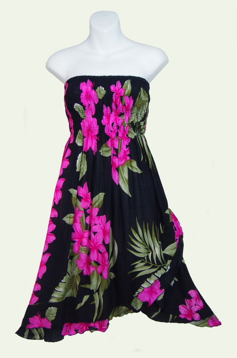 Black Strapless Shirred Sun Dress with Hibiscus and