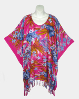 Plumeria Print Poncho Top with Fringe - Pink