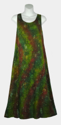 Green-Brown Flowers Long Batik Tank-Style Sun Dress with Cat Patterns