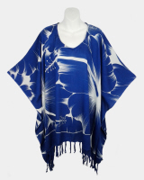 Big Hibiscus Poncho Top with Fringe - Royal Blue with White Accents