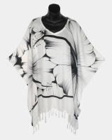 Big Hibiscus Print Poncho Top with Fringe - White with Black Accents