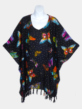 Butterflies with Polka Dots on Black Print Poncho Top with Fringe - Black