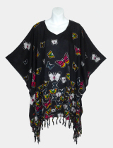 Border Butterflies Print Poncho Top with Fringe - Black