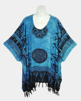 Celtic Print Poncho Top with Fringe - Blue Knots and Spikes