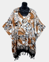 Monstera Print Poncho Top with Fringe - Brown