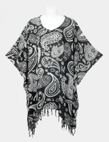 Paisley Print Poncho Top with Fringe - Black