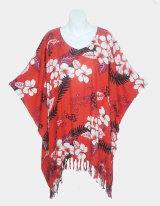 Hawaii Print Poncho Top with Fringe - Red