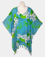 Hawaii Print Poncho Top with Fringe -Turquoise