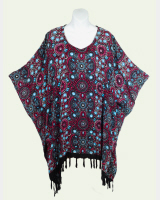 Seventies Print Poncho Top with Fringe - Fuschsia-Turquoise