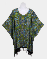 Seventies Print Poncho Top with Fringe - Lime-Turquoise