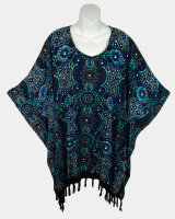 Seventies Print Poncho Top with Fringe - Navy-Turquoise