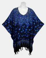 Star Mandala Print Poncho Top with Fringe - Blue on Black
