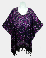 Star Mandala Print Poncho Top with Fringe - Purple on Black