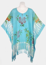 Cameo Tie-Dye Poncho Top with Fringe - Light Blue