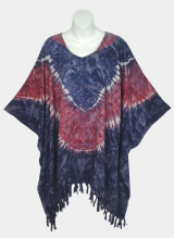 Curvey Diamond Tie-Dye Poncho Top with Fringe - Red-White-Blue