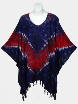 Straight Diamond Tie-Dye Poncho Top with Fringe - Red-White-Blue