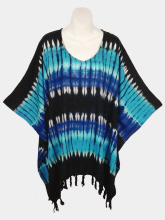 Stripes Tie-Dye Poncho Top with Fringe - Turquoise-Blue-Black