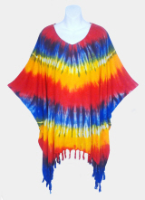 Concentric Circles Tie-Dye Poncho Top with Fringe - Rainbow