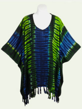 Mantra Tie-Dye Poncho Top with Fringe - Black-Blue-Lime Green