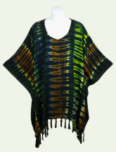 Mantra Tie-Dye Poncho Top with Fringe - Black-Brown-Lime