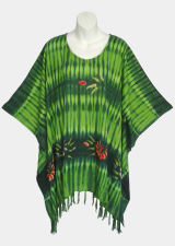 Striped with Handpainted Flowers Tie-Dye Poncho Top with Fringe - Green