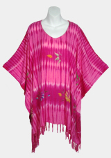 Striped with Handpainted Flowers Tie-Dye Poncho Top with Fringe - Pink
