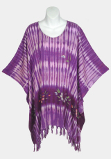 Striped with Handpainted Flowers Tie-Dye Poncho Top with Fringe - Purple