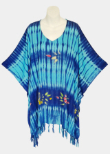 Striped with Handpainted Flowers Tie-Dye Poncho Top with Fringe - Blue