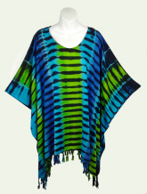 Mantra Tie-Dye Poncho Top with Fringe - Turquoise-Blue-Lime Green