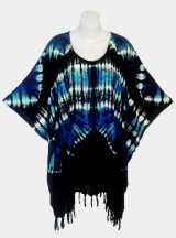 Tribal Tie-Dye Poncho Top with Fringe - Blue