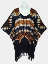 Tribal Tie-Dye Poncho Top with Fringe - Brown