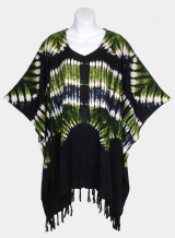 Tribal Tie-Dye Poncho Top with Fringe - Green