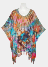 Funky Tie-Dye Poncho Top with Fringe - Coral-Turquoise