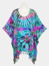 Funky Tie-Dye Poncho Top with Fringe - Turquoise-Pink